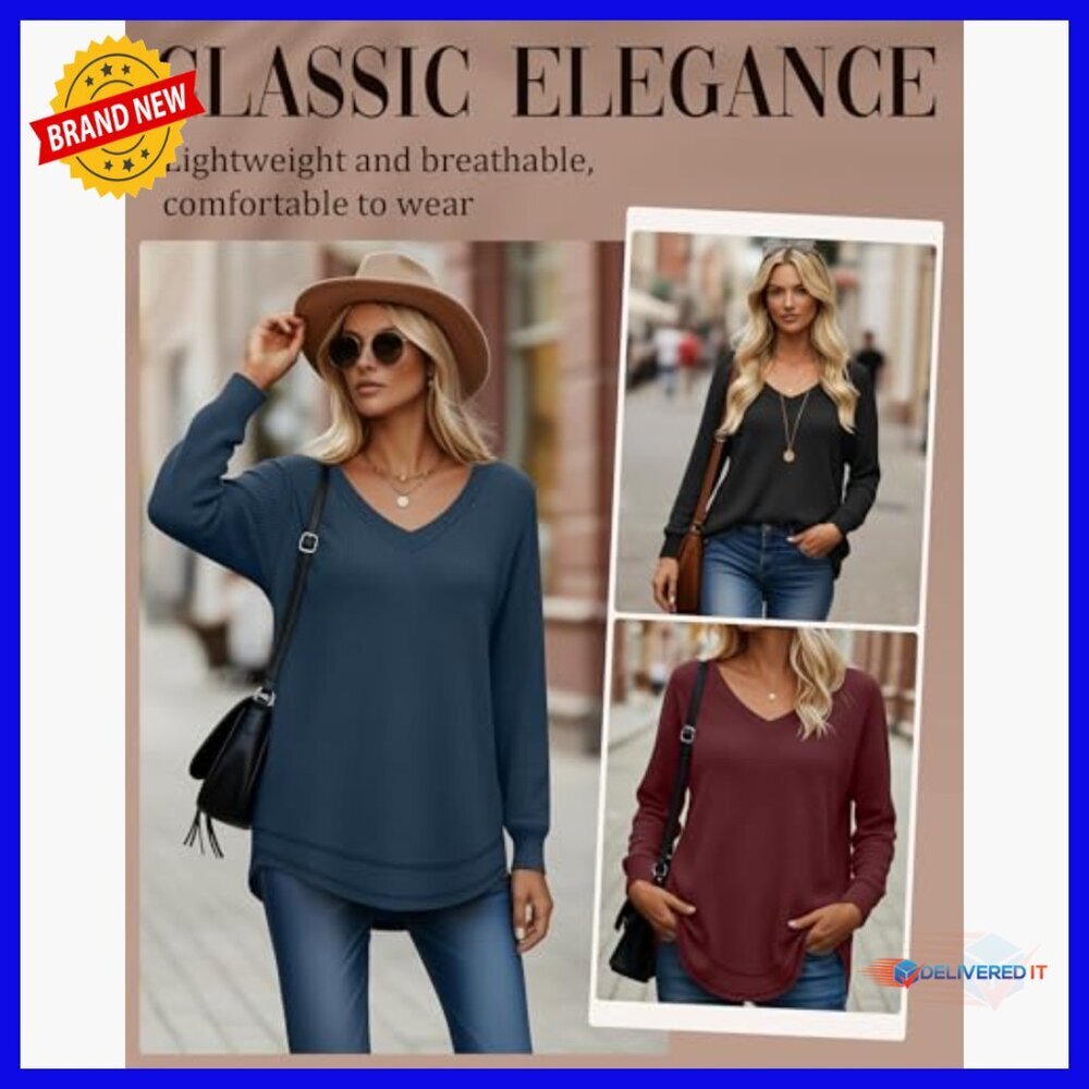 3 Pack Waffle Knit Tunic Tops Long Sleeve V Neck Loose Fit Sweatshirts - Picture 4 of 5